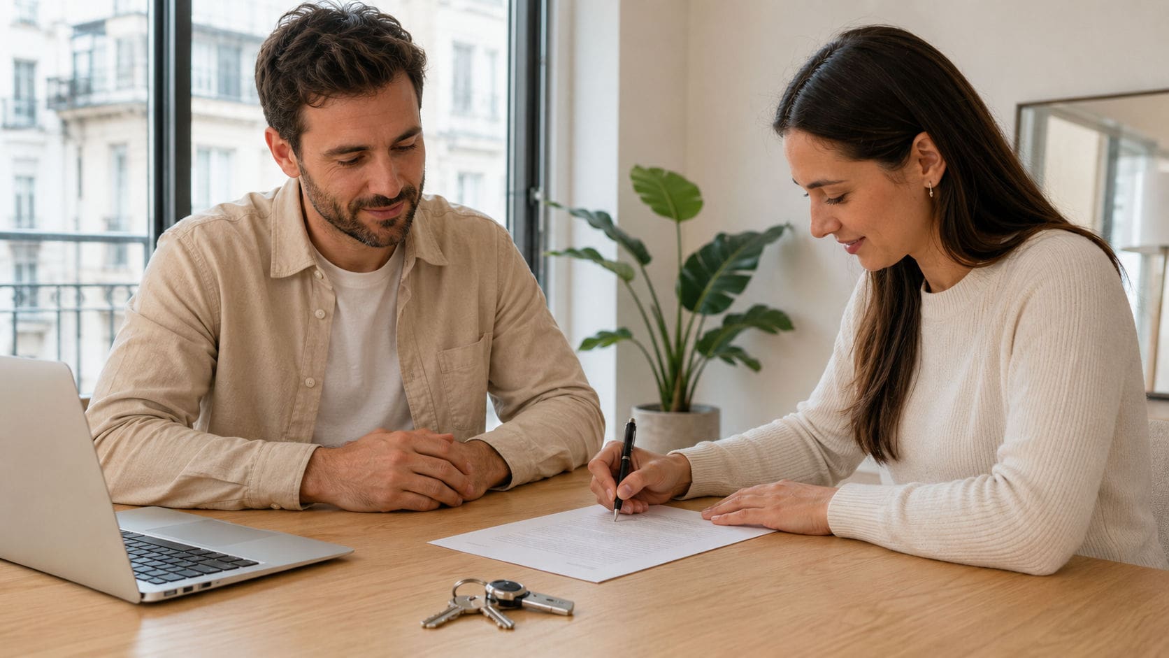 Dueño e inquilino firmando el contrato de alquiler de un departamento sin inmobiliaria