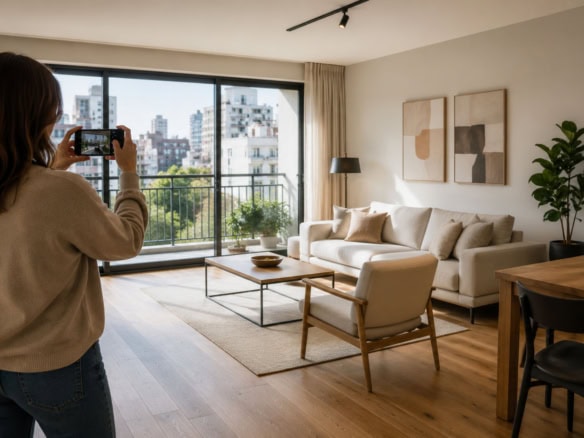 Persona fotografiando con su celular el living luminoso de un departamento ordenado para publicar el aviso de venta