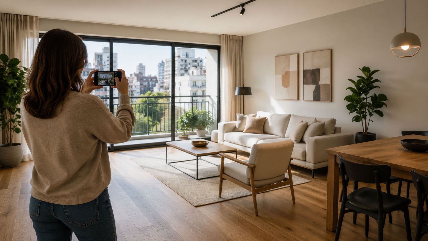 Persona fotografiando con su celular el living luminoso de un departamento ordenado para publicar el aviso de venta