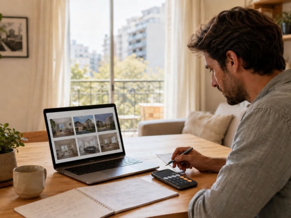 Dueño calculando el precio de su propiedad con una notebook y una calculadora