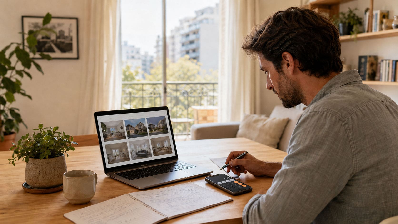 Dueño calculando el precio de su propiedad con una notebook y una calculadora